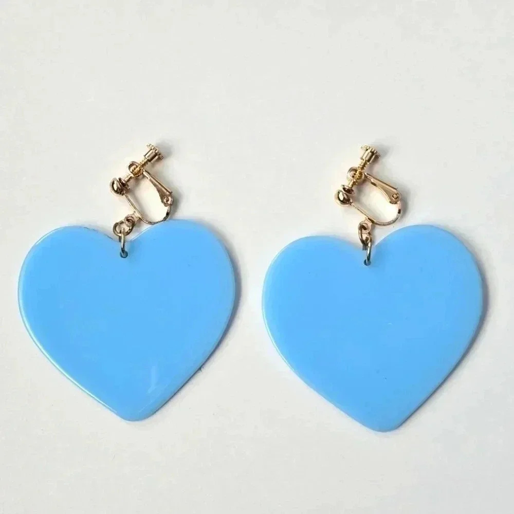 Blue Heart Clip Screw Hook Large‎ Boho Retro Fashion Jewelry Earrings E108